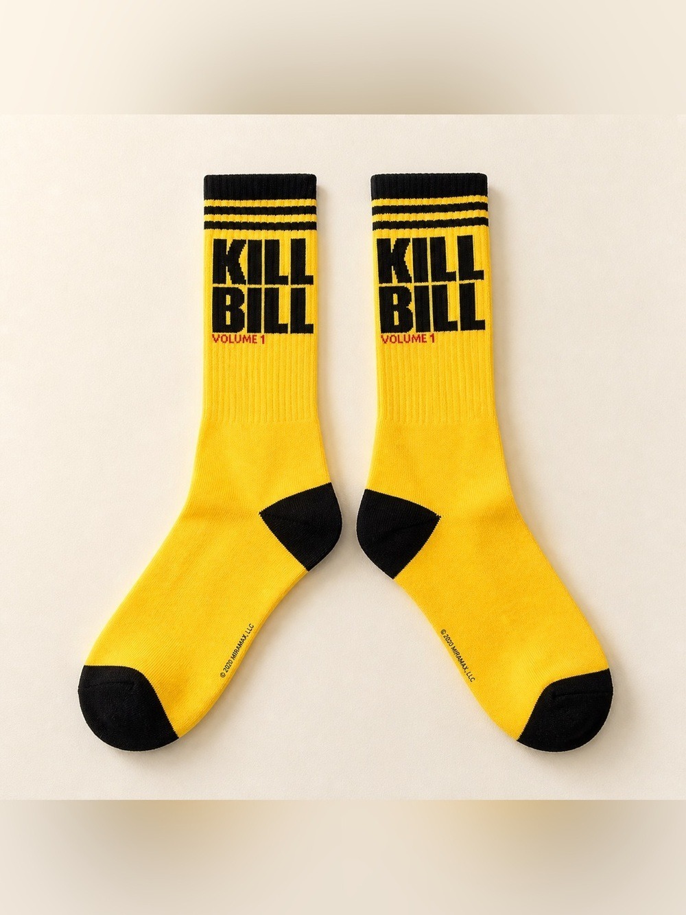 Kill Bill Volume 1 Yellow Crew Socks Black Stripe Graphic Movie Socks NWT